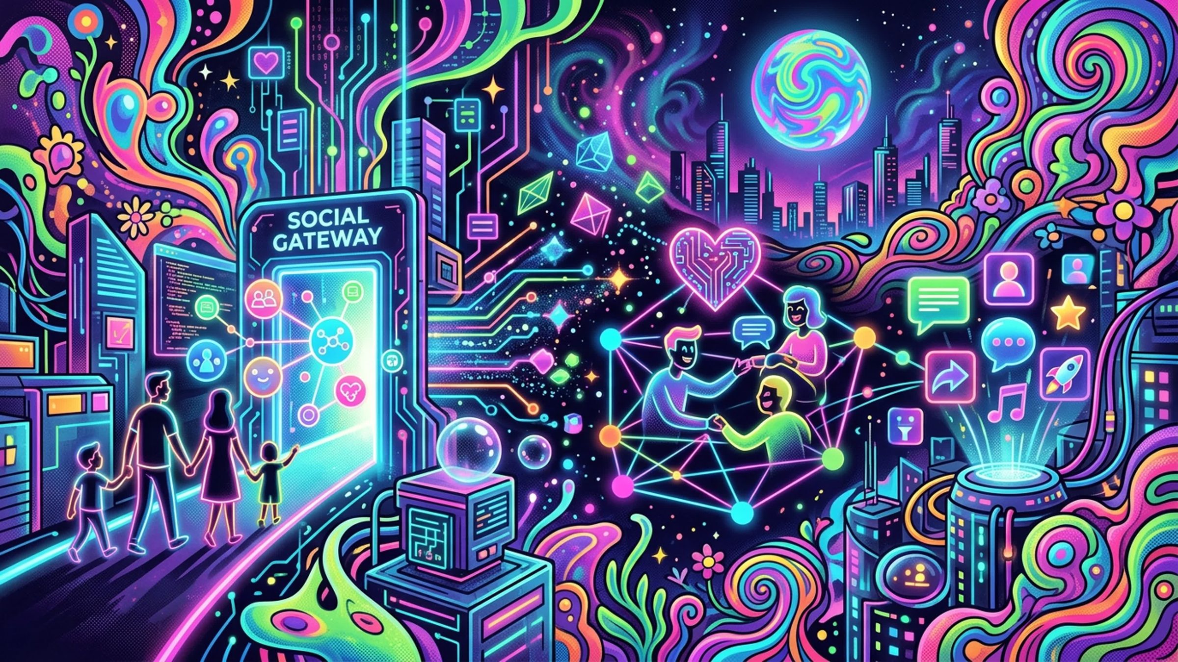 Who'sThat brand artwork with hooded mascot and neon network motif